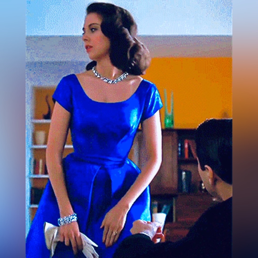 Royal blue vintage retro floral cocktail dress 50s/60 midi aline bow prom madmen